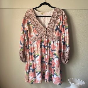 Kori American patchwork floral long sleeve button down mini dress!